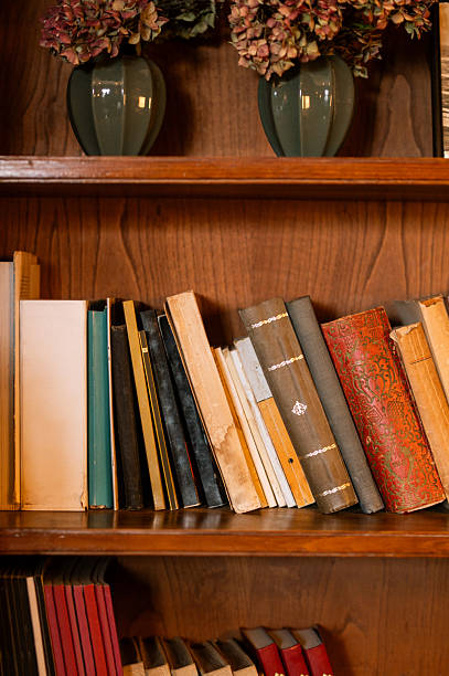Close-up of books arranged on a wooden shelf, symbolizing knowledge, education, literature, learning, culture, and home library concepts.