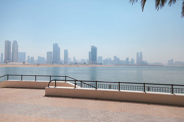 A wide view of the modern Dubai skyline seen across calm blue water from a waterfront public park showing high rise buildings palm lined shore and clear sky creating a peaceful urban landscape that represents modern city life travel and outdoor leisure in Dubai United Arab Emirates