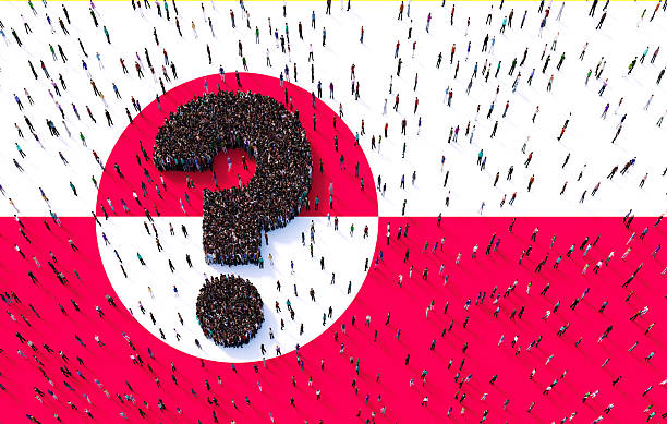 Human crowd forming a question mark on Greenland flag. Horizontal composition with  copy space.