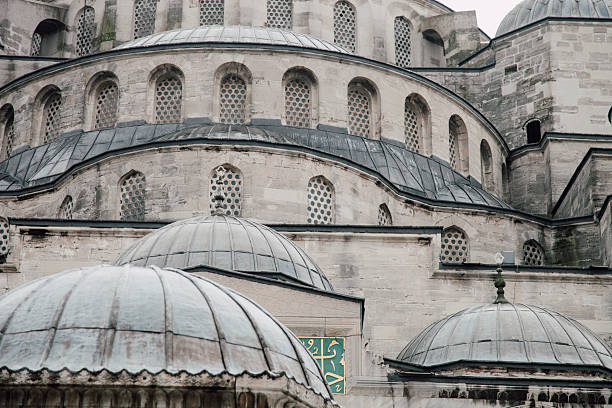 Exterior view of a historic mosque showing layered domes and stone architecture under a cloudy sky.