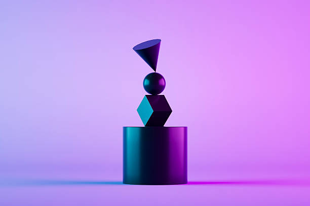 A striking 3D rendering of various dark geometric shapes (cylinder, cube, sphere, cone) meticulously stacked and perfectly balanced. This composition visually represents the power of teamwork and collaboration, where each distinct part contributes to a stable and unified whole. Set against a vibrant purple and blue gradient background, it highlights themes of mutual support, coordinated effort, project development, and achieving common goals. Ideal for demonstrating successful business strategies, cooperative ventures, and the synergy of diverse elements.