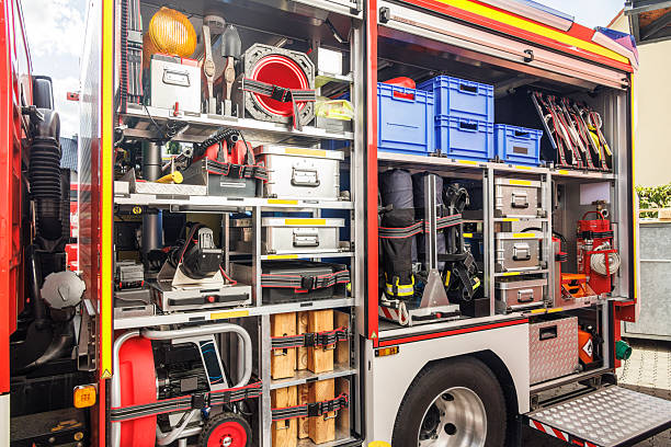 Industrial Firfighter Tools and Equipment in a opened Firefighter Truck
