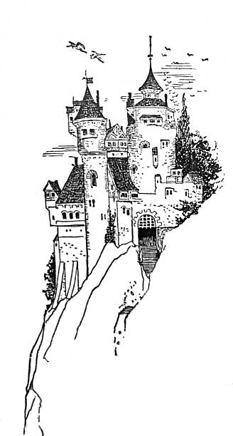 Antique illustration pre 1900 - decorative castle on a steep hillside