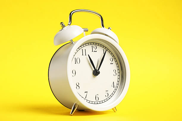 One white alarm clock on yellow background