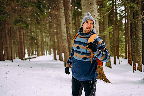 Hiker man on a trekking on the snow