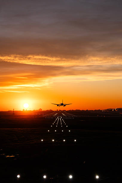 Plane lands at an airfield at the sunset