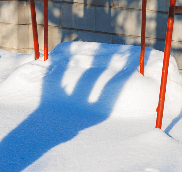 A minimalist winter landscape: a slender, bare tree with branches casts long shadows on fresh snow, with the trunk of another tree nearby and a fence in the background. Soft sunlight highlights the texture of the bark, snowdrifts, and the contrast of light and shadow. Suitable for winter nature themes, isolation, and seasonal details.winter snow shadows