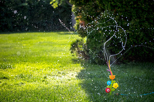 Funny garden sprinkler (in the form of a flower) watering grass in the garden.