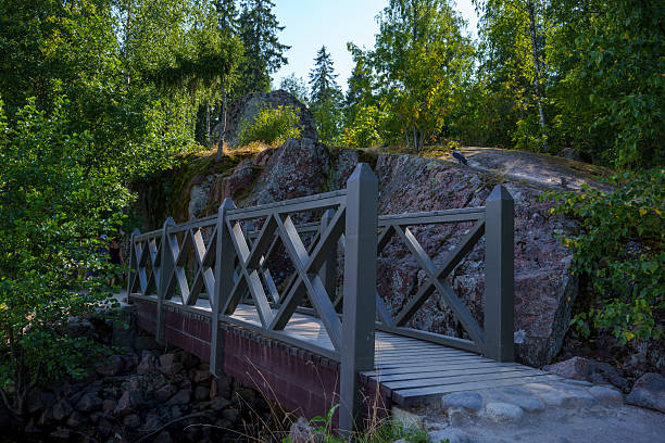 Small wooden footbridge with cross-pattern railings crossing over a narrow stream in a rocky, forested area surrounded by lush green trees on a summer day