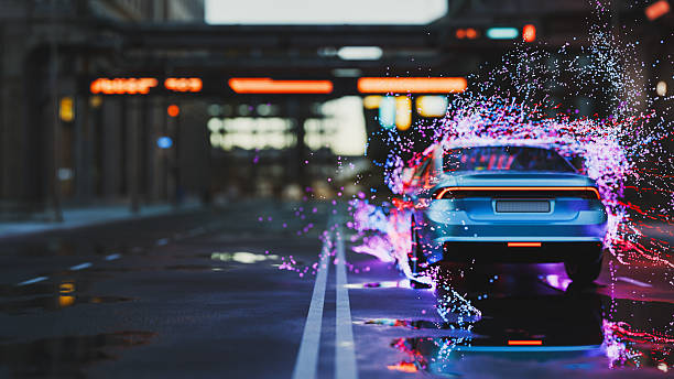 A car driving in the city leaving a trail of particles. CGI, the car design is not based on any real vehicle