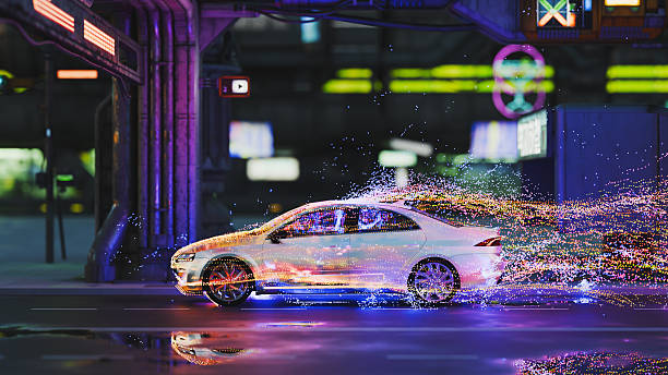 black futuristic electric car very fast driving in sci fi sity, town. Concept of future. 3d rendering