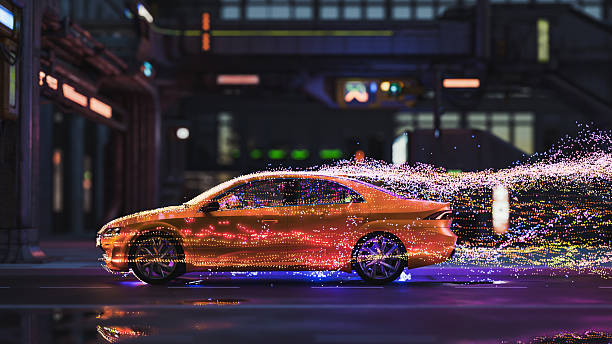 A car driving in the city leaving a trail of particles. CGI, the car design is not based on any real vehicle