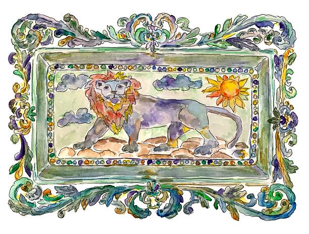 Lion in vintage frame, watercolor illustration for postcard