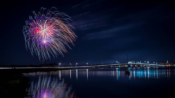 Fireworks shot over river and bridge