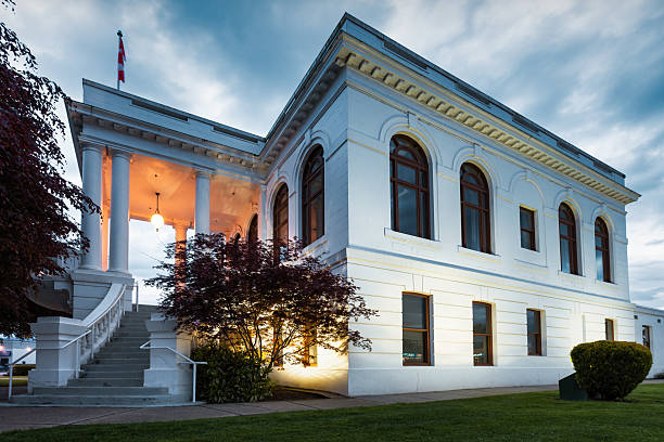 The Chilliwack Museum, in downtown Chilliwack, British Columbia, Canada, illuminated at night.