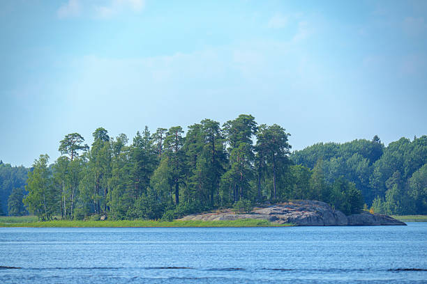 A tree-covered island sits in the middle of a calm lake with gentle ripples, surrounded by forested shores and a partly cloudy blue sky on a summer day