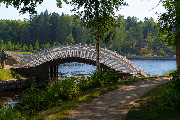 Elegant white arched bridge with wooden railings spans a calm river in a lush green park on a sunny summer day, surrounded by trees and nature