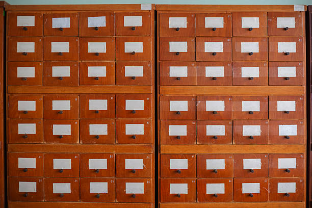 Wooden card catalog drawers with blank labels, symbolizing organization and knowledge
