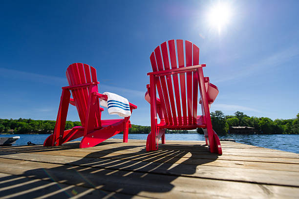 istock Two Red Adirondack Chairs on a Wooden Dock Overlooking a Sunny Lake 2258381899