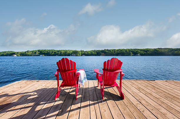 istock Symmetrical View of Red Adirondack Chairs on a Lakefront Dock 2258381909