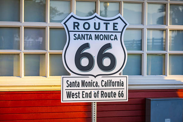 Famous Route 66 End of the Trail sign marks the western terminus in Santa Monica California