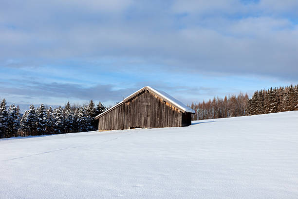 Mountain winter landscape with snow covered wooden shed in Austrian Alps.