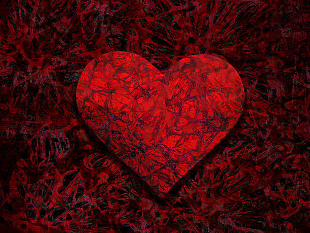 Dramatic abstract illustration of a glowing red heart shape set against a deep, dark textured background. The layered artistic surface creates a moody and emotional atmosphere, evoking themes of love, passion, romance, desire, heartbreak, and human connection.