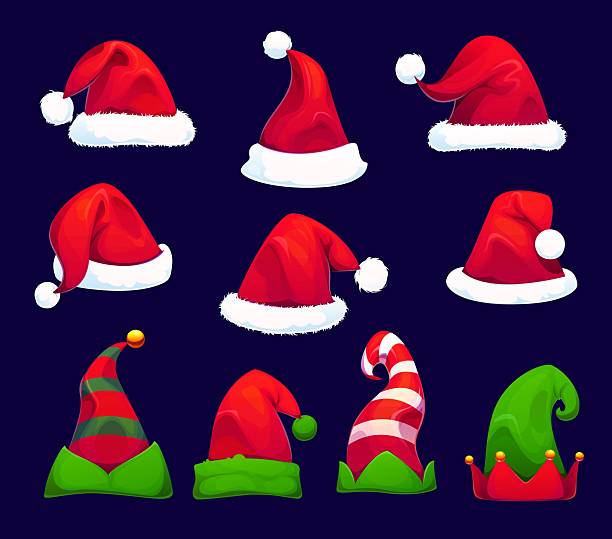 Christmas Santa hats and elf caps, vector Xmas winter holiday decorations. Cartoon Santa Claus and Christmas elf costume accessories set. Red and green hats with white puff balls and gold bells