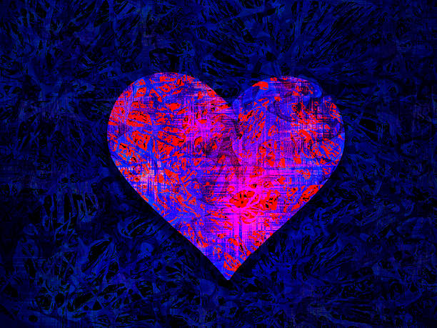 Vibrant abstract heart illustration glowing in neon pink and magenta tones against a deep blue textured background. The bold contrast and layered artistic surface create a modern, emotional atmosphere symbolizing love, passion, romance, desire, and human connection.