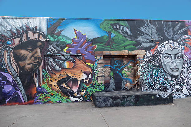 Denver, USA - December 24, 2019: colorful mural at an old brick wall.