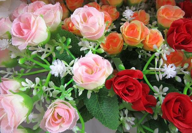 I photographed a bouquet of colorful artificial flowers.