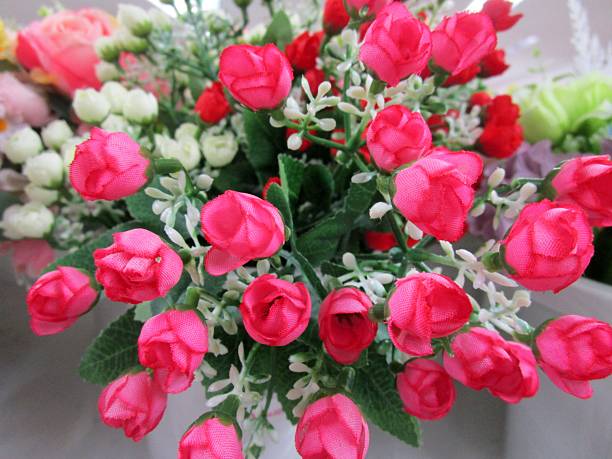 I photographed a bouquet of colorful artificial flowers.