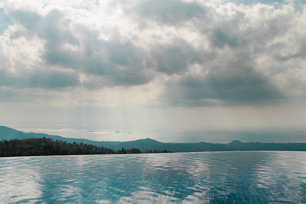 Infinity pool overlooking tropical hills and distant sea beneath dramatic cloudy sky with calm reflective water and wide open background for travel and luxury resort concepts. High quality photo