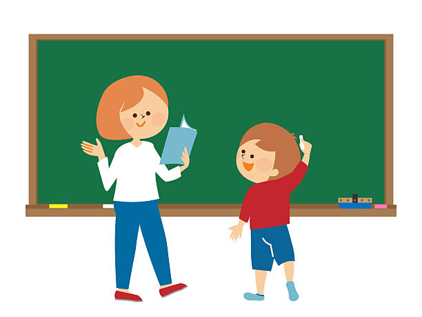 Illustration of a teacher and students standing in front of a blackboard