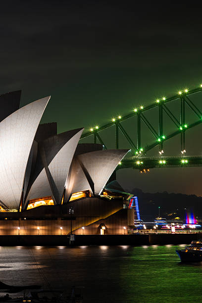 Sydney, Australia - January 26, 2026: Sydney Opera House and Sydney Harbour Bridge with green lights at night.