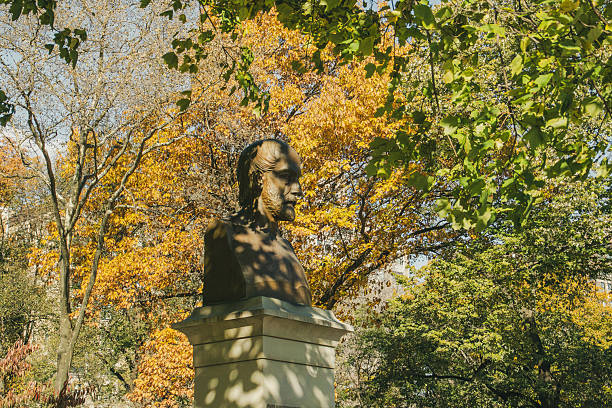 Bust of Swiss former ETHZ forestry professor named Elias Landolt living from 1821 to 1896 erected 1899 on a cloudy late summer day. Photo taken September 18th, 2024, Zurich, Switzerland.