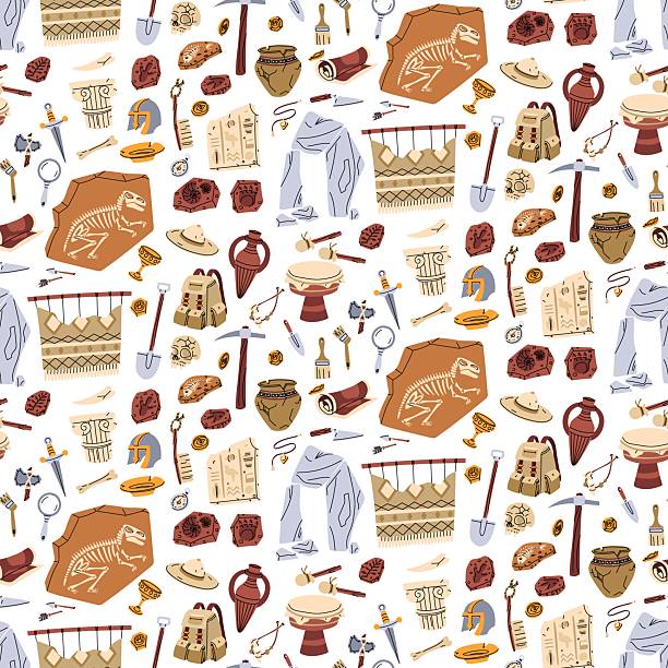 Pattern of archaeological objects. Various objects of human activity. Historical finds in bright colors. Suitable for educational projects, books, presentations, and historical-themed designs