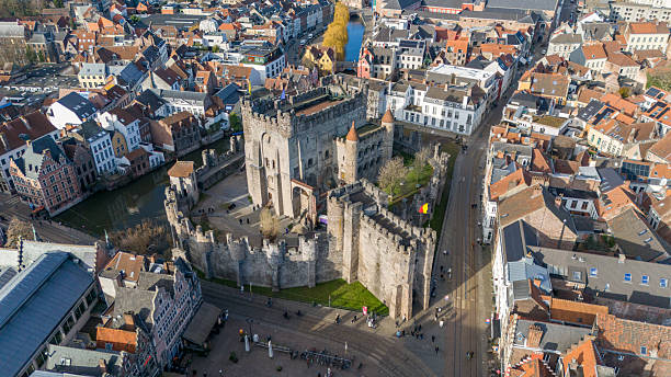 Ghent, Belgium - January 24, 2026: Aerial view of Gravensteen castle.