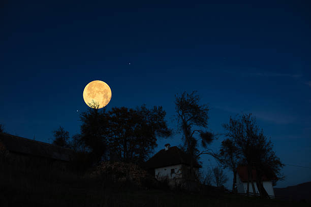 Full Moon, stars, planets and landscape scenery silhouettes.