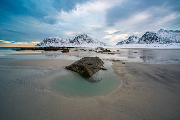 Scenic view of a rocky beach with snow-covered mountains under dramatic clouds. Serene coastal landscape showcasing natural beauty. Ideal for travel and nature themes.