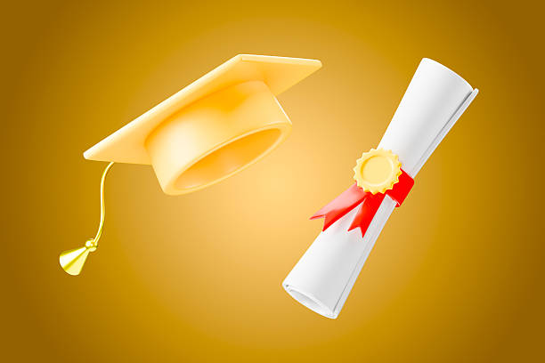 Background of graduation ceremony, people celebrated success of students receiving their higher education certificates, adorned with ribbon, against backdrop of black caps. education, higher.