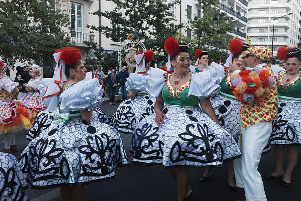 Lisbon, Portugal - June 12, 2024: Women dressed in traditional folklore costumes prepare to parade in Lisbon downtown during this city celebrations of the Popular Saints.