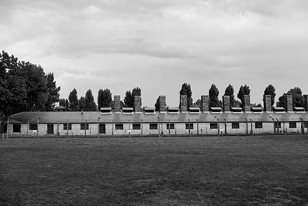 Brick chimneys on barracks at Auschwitz Birkenau camp, Poland