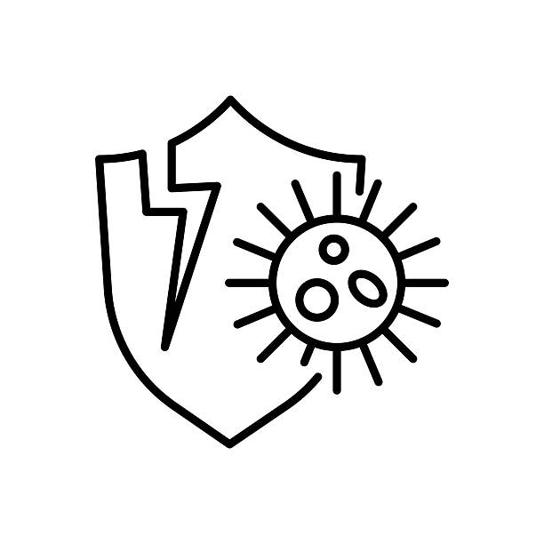 stockillustraties, clipart, cartoons en iconen met cracked shield with virus attacked weak immunity. editable stroke. immune dysregulation, reduced immune system sign. - zwakte