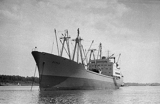Baton Rouge, USA - circa 1976: soviet ship Vereya is anchored near port