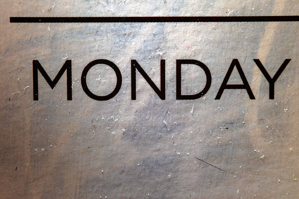 Macro composition of the inscription Monday on a dirty sticker.