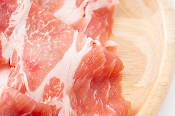 Close-up of thinly sliced raw pork shoulder loin