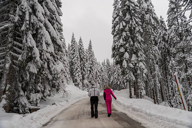 Kopaonik, Serbia - January 14 2026: Couple of tourists walking on a snowi road near the trees covered with snow on Kopaonik mountain in Serbia.