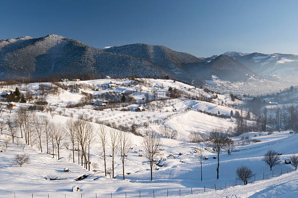 Wide panoramic view of a snow-covered mountain village and rolling hills in winter. Rural countryside landscape with scattered houses, bare trees, and soft natural light, conveying tranquility, cold season, nature, and traditional mountain life.