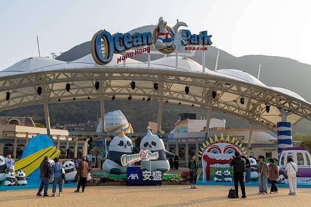 Hong Kong - January 27, 2026 : People at the main entrance of Ocean Park Hong Kong in Wong Chuk Hang, Hong Kong. Ocean Park is a famous theme park in Hong Kong.